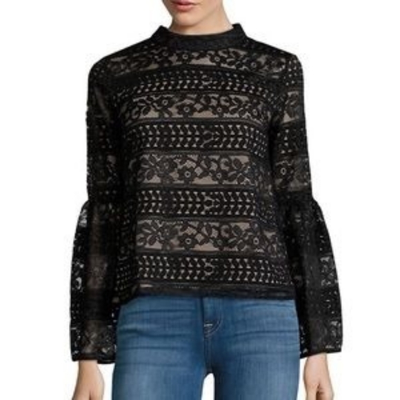 NEW English Factory S Top Black Floral Lace Embroidered Bell Sleeves Blouse - Picture 1 of 9